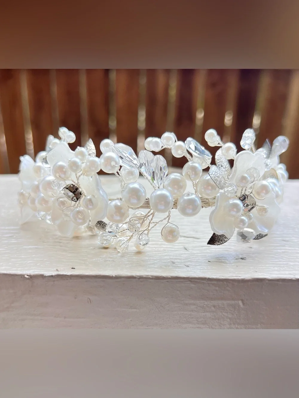 NIB Bridal Pearl Crystal Floral Headband Wedding Hair Crown Tiara White Silver
